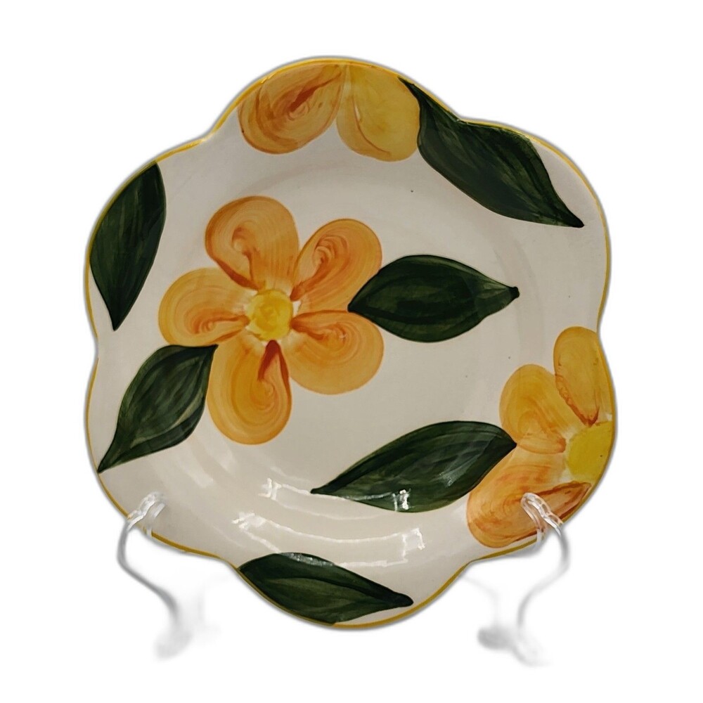 VTG Studio Handpainted Pottery Yellow Daisy 9" Scalloped Dish Signed Maisie